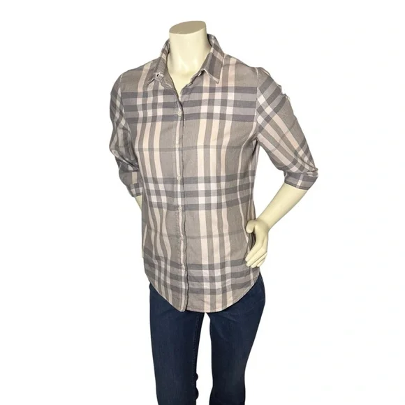 BURBERRY BRIT Women’s 3/4 Sleeve Plaid Button Down 100% Cotton Shirt Size Medium - Picture 5 of 12